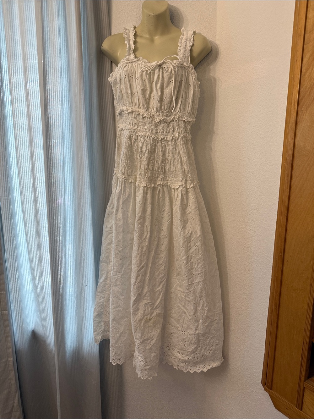 White Eyelet Smocked Maxi Dress with Ruffle Straps